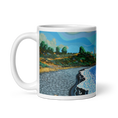 Charger l'image dans la visionneuse de la galerie, White glossy mug with colorful coastal landscape illustration, handle on left