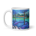 Load image into Gallery viewer, White glossy ceramic mug with colorful landscape painting and handle on the left