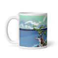 Загрузить изображение в просмотрщик галереи, White glossy mug with colorful lake and tree painting, handle on left side