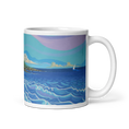 Charger l'image dans la visionneuse de la galerie, White glossy mug with colorful ocean and sailboat illustration, handle on right side