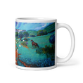 Load image into Gallery viewer, White glossy mug with colorful painted landscape of horses and greenery, handle on right