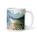 Загрузить изображение в просмотрщик галереи, White glossy mug with colorful coastal landscape illustration, handle on right