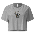 Charger l'image dans la visionneuse de la galerie, Heather gray women's crop top with cartoon cat holding rifle, red bow, Killy Revolution text.