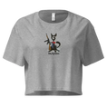 Carregar imagem no visualizador da Galeria, Heather gray women's crop top with cartoon cat holding rifle, red bow, Killy Revolution text.