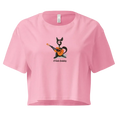 Charger l'image dans la visionneuse de la galerie, Pink women's crop top with abstract cat playing guitar and 'El Gato Andaluz' text