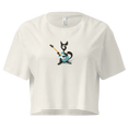 Bild in Galerie-Betrachter laden, Ecru women's crop top with cartoon cat playing blue electric guitar print