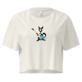 Charger l'image dans la visionneuse de la galerie, Ecru women's crop top with cartoon cat playing blue electric guitar print