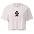 Charger l'image dans la visionneuse de la galerie, Women's orchid crop top with cartoon cat, gun, red bow, and 'Kitty Revolution' text