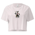 Carregar imagem no visualizador da Galeria, Women's orchid crop top with cartoon cat, gun, red bow, and 'Kitty Revolution' text