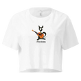 Charger l'image dans la visionneuse de la galerie, White women's crop top with cartoon cat playing guitar and text 'El Gato Andaluz'