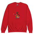 Carregar imagem no visualizador da Galeria, Red youth crew neck sweatshirt with cartoon cat playing guitar and 'El Gato Andaluz' text
