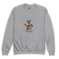 Bild in Galerie-Betrachter laden, Youth sport grey crew neck sweatshirt with cartoon cat playing guitar and 'El Gato Andaluz' text