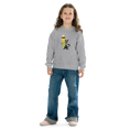 Carregar imagem no visualizador da Galeria, Girl in sport grey youth crew neck sweatshirt with pencil and cat graphic, blue jeans, pink shoes