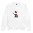 Bild in Galerie-Betrachter laden, White youth crew neck sweatshirt with cartoon cat playing guitar and El Gato Andaluz text
