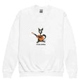 Carregar imagem no visualizador da Galeria, White youth crew neck sweatshirt with cartoon cat playing guitar and El Gato Andaluz text