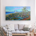 Bild in Galerie-Betrachter laden, Colorful landscape canvas art with whimsical tree, ocean, and mountains above a modern sofa