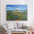 Cargar la imagen en la vista de la galería, Colorful landscape painting of the Pillars of Hercules above a sofa in a modern living room