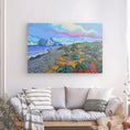 Load image into Gallery viewer, Colorful landscape painting with ocean, beach, mountains, and tropical plants above a sofa