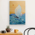 Bild in Galerie-Betrachter laden, Canvas wall art of sailboats on blue waves at sunset above a wooden table with mugs and a plant