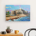 Bild in Galerie-Betrachter laden, Colorful canvas art of Guzman El Bueno Castle in Tarifa by the sea with boats and waves.