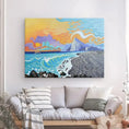 Cargar la imagen en la vista de la galería, Colorful landscape painting of ocean waves, rocky beach, and mountains above sofa in modern living room.