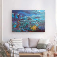 Cargar la imagen en la vista de la galería, Colorful fantasy landscape canvas art with swirling clouds above a campfire, hanging in a modern living room.