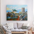 Charger l'image dans la visionneuse de la galerie, Colorful landscape painting with a stone tower and mountains above a light gray sofa in a modern living room