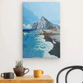 Bild in Galerie-Betrachter laden, Vertical canvas art of rocky coastline and blue waves with a mountain and a woman in white