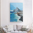 Bild in Galerie-Betrachter laden, Vertical canvas art of El Sardinero beach waves and mountain above a sofa in modern living room