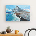 Load image into Gallery viewer, Colorful canvas art of El Sardinero shore with waves, rocky beach, people, and mountains.