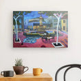 Bild in Galerie-Betrachter laden, Colorful canvas art of Plaza Cruz Herrera with fountain, benches, trees, and city buildings