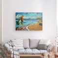 Charger l'image dans la visionneuse de la galerie, Alcaidesa beach canvas art with abstract couple, blue sea and sunny sky above sofa