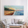 Bild in Galerie-Betrachter laden, Colorful Zahara beach canvas art with surfer, ocean waves, and sunset above sofa in living room