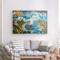 Charger l'image dans la visionneuse de la galerie, Colorful canvas art of the Strait of Gibraltar with sailboat, striped lighthouse, and wavy sea above a modern sofa.