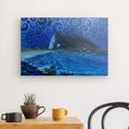 Load image into Gallery viewer, Colorful ocean landscape canvas art with swirling blue sky, mountains, and city lights, wall decor