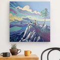 Bild in Galerie-Betrachter laden, Colorful canvas art of hiker and dog on rocky mountain landscape, hung above a modern table.