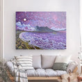 Load image into Gallery viewer, Purple night ocean landscape painting on canvas hanging above a modern sofa in a living room