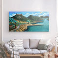 Bild in Galerie-Betrachter laden, Colorful landscape painting of Castellar castle and river above modern sofa in bright living room