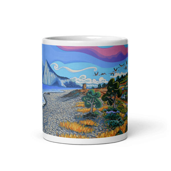 N133 - Flamingos by the tower - Mug Panorama - Arte Caballero