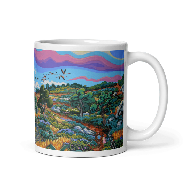 N133 - Flamingos by the tower - Mug Panorama - Arte Caballero