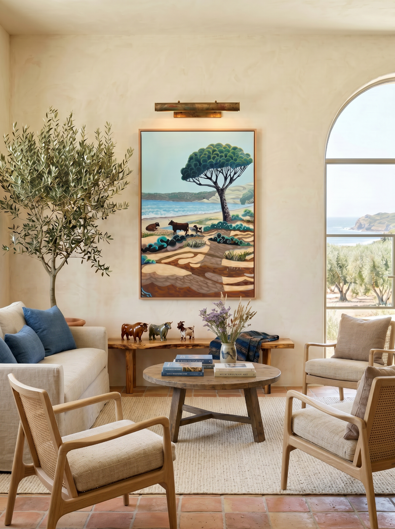 Living room with beige walls, wooden furniture, and a scenic painting.