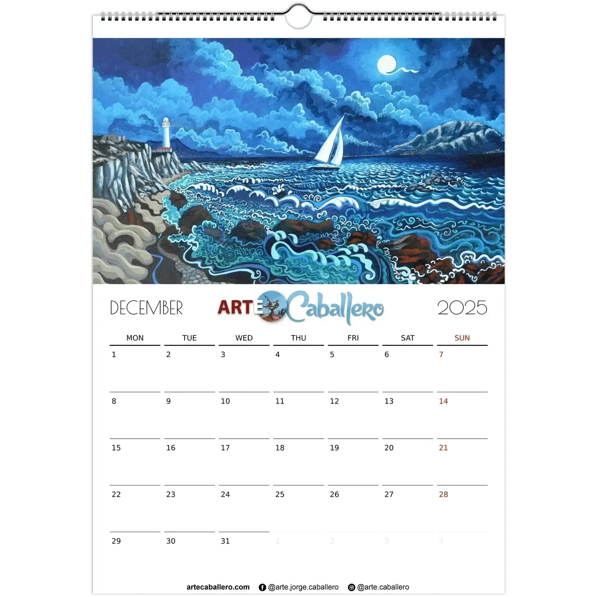 Calendario Costa de la Luz - EN - No Holidays - 2025 (EU & Rest of World) - Arte Caballero