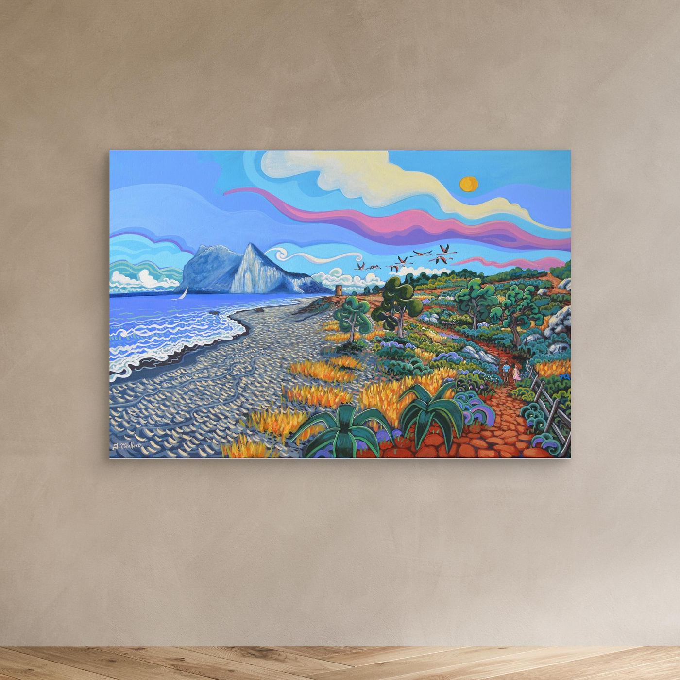 N133 - Flamencos por la torre - Framed Canvas