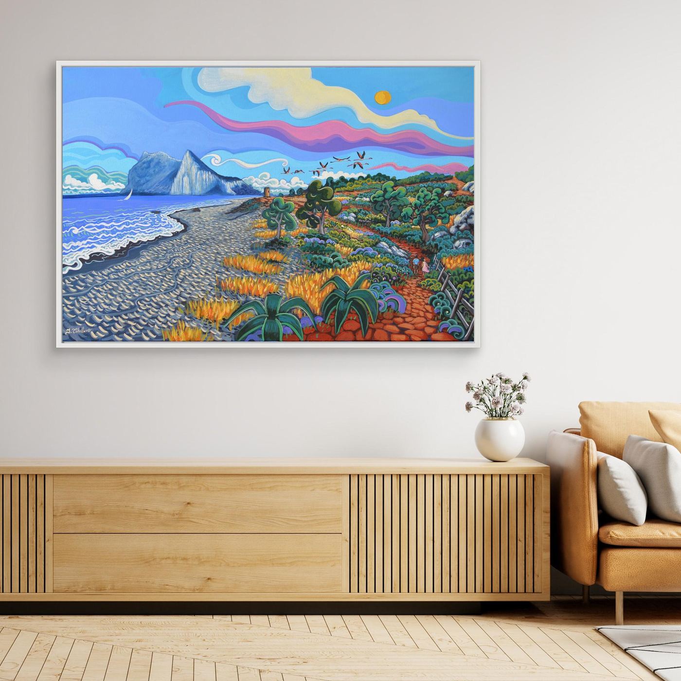 N133 - Flamencos por la torre - Framed Canvas